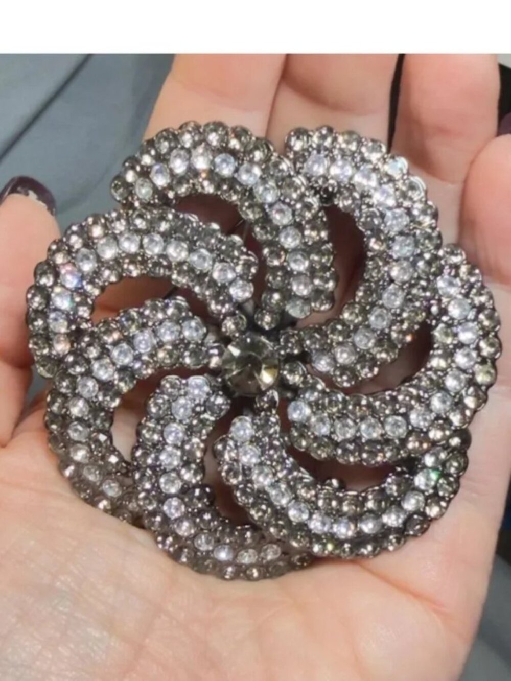 Vintage Rhinestone Swirl Brooch Gunmetal Gray Sparkle Statement Pin